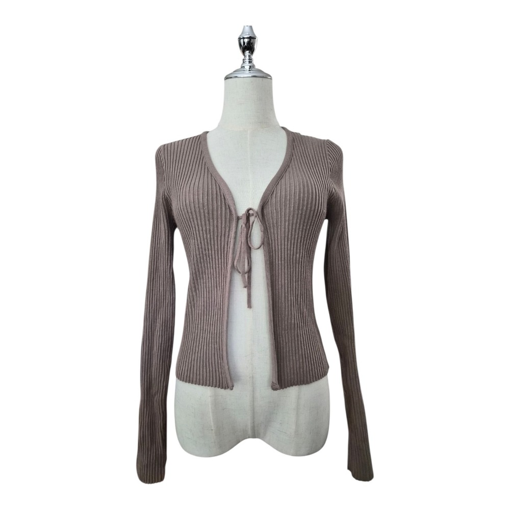 Dreamers by Debut Ribbed Tie Front Cardigan Medium Brown Balletcore Y2K